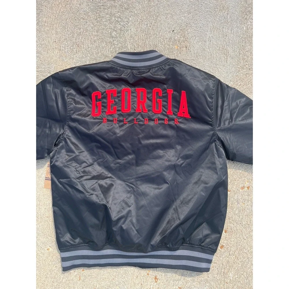 University Of Georgia Bulldogs Satin Bomber Jacket Mens M Black Full Zip